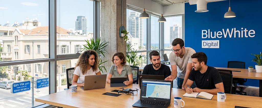 צוות ה-SEO של BlueWhite Digital בוחן נתוני קמפיין במשרד בתל אביב