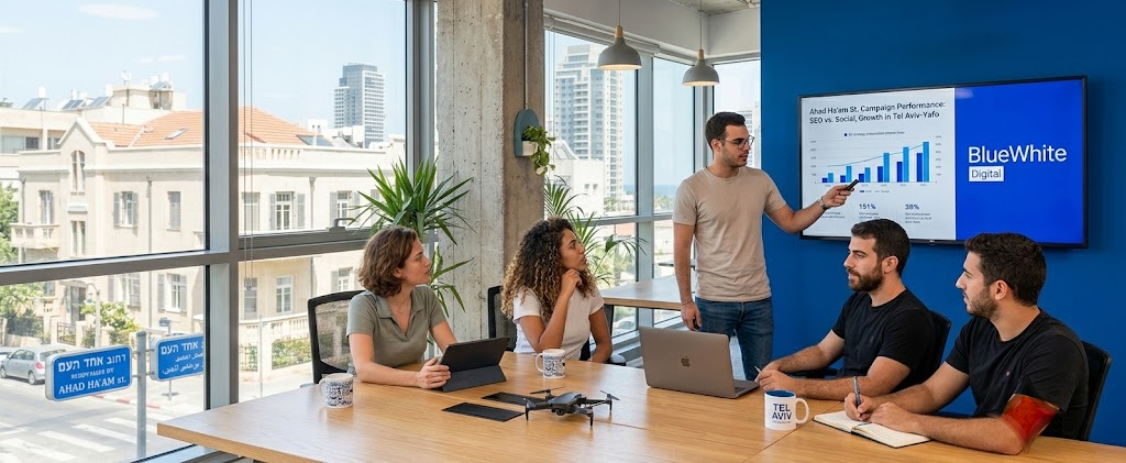 צוות BlueWhite Digital בוחן את ביצועי קמפיין ה-SEO בתל אביב