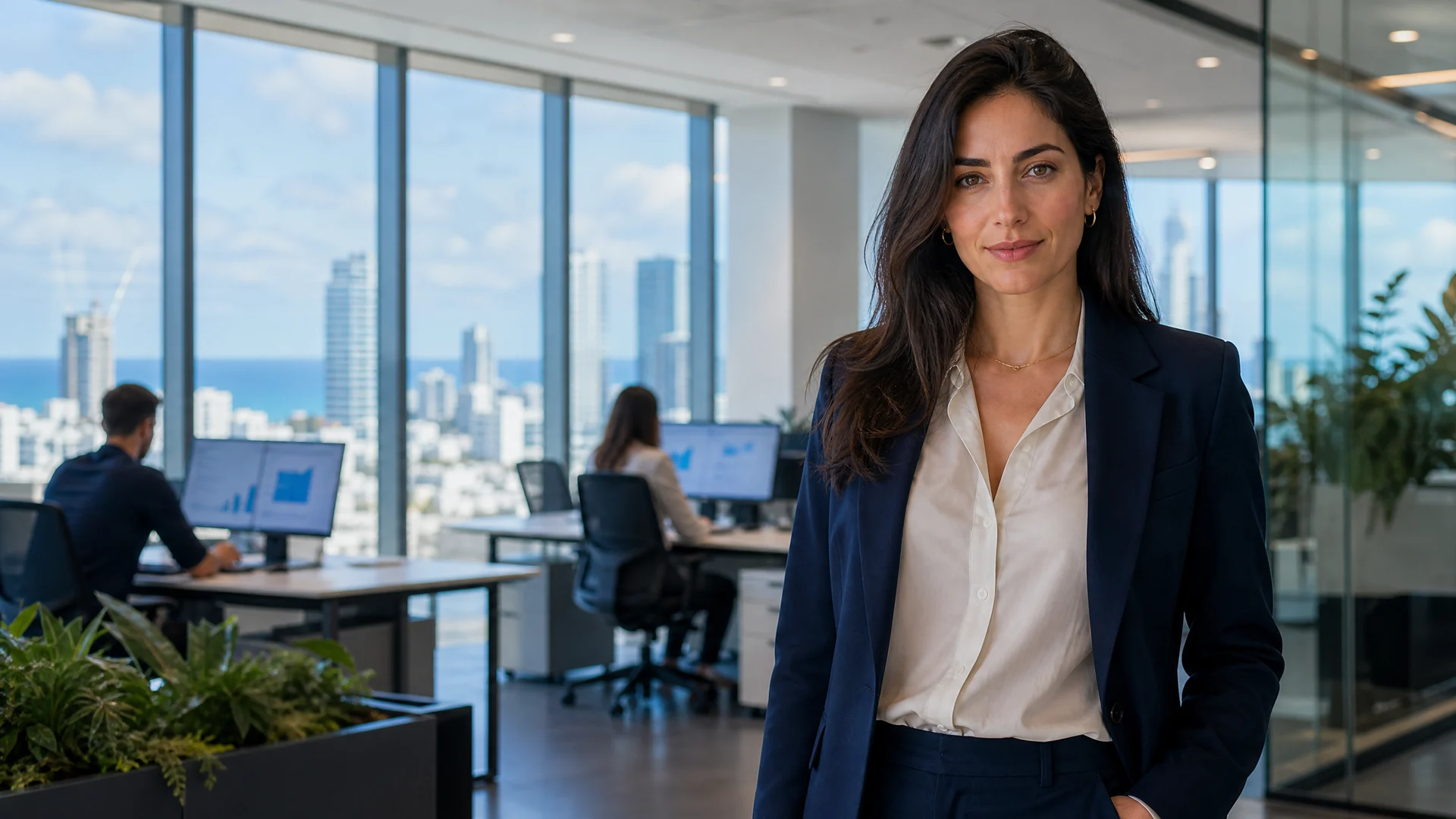 Confident digital strategy professional in a modern Tel Aviv office